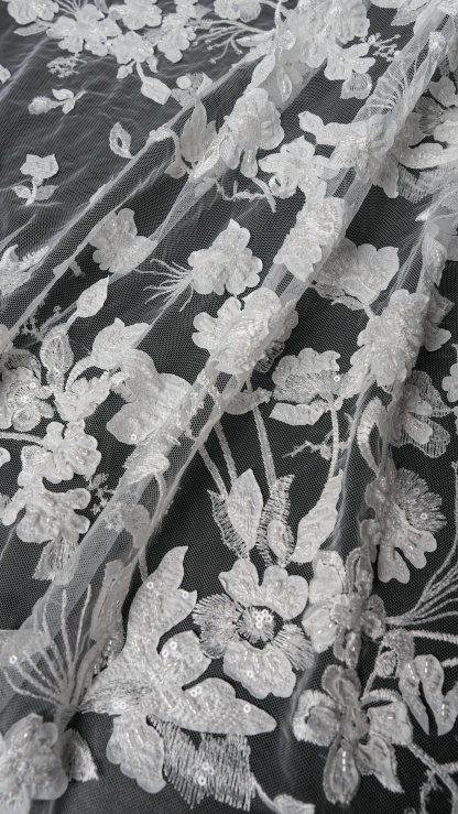 Sita Lace, sitalace, Lace Fabric, Feature Fabric, Tulle Fabric, Beaded Fabric, Sequined Fabric, Embroidery Fabric, Wedding Dress, Bridal Gown, Bridal Veil, Beads, Sequins, Feather Fabrics, Feather, 3D Flowers, Floral, Blossom Flowers, Flower Petal,