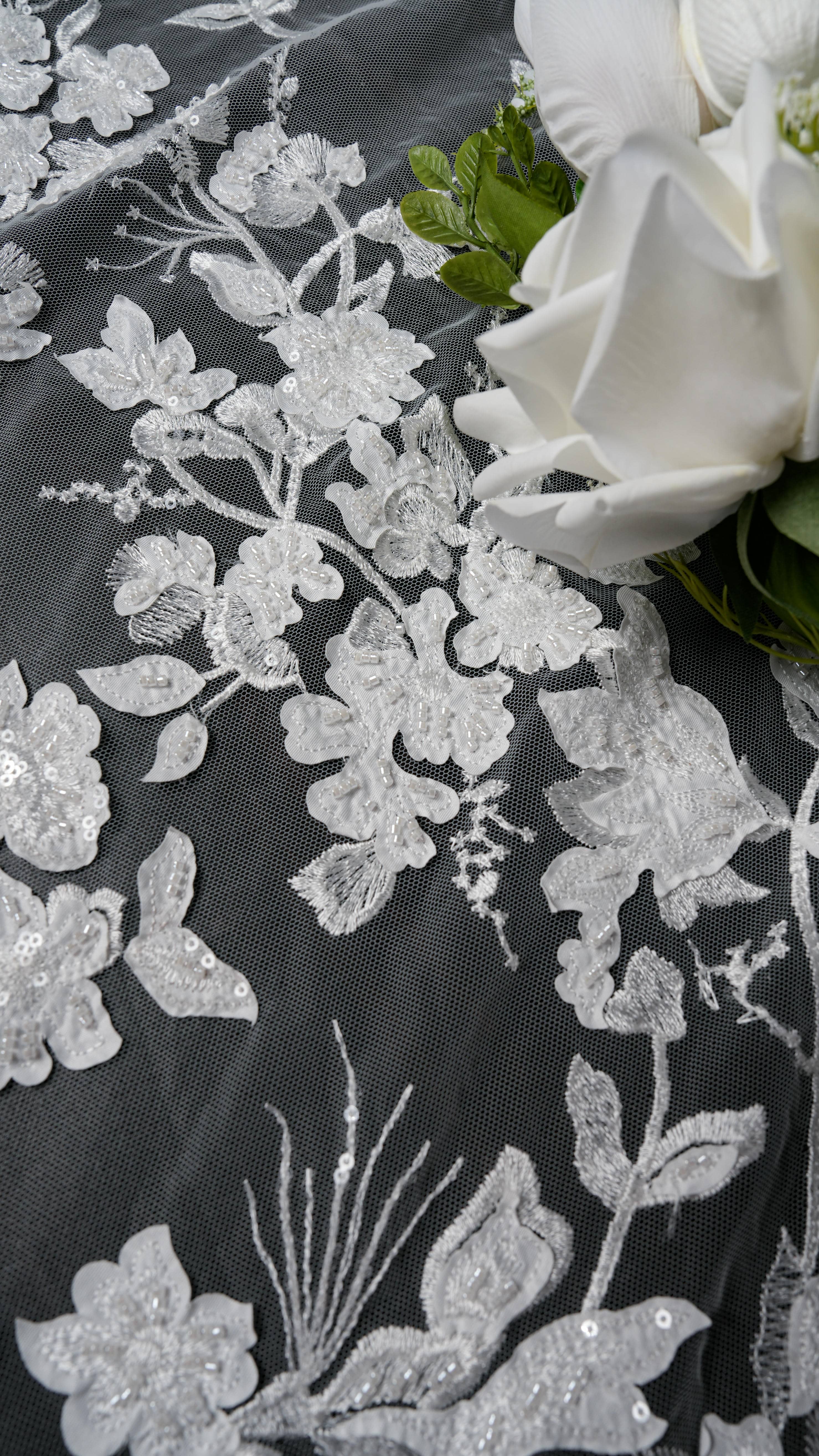 Sita Lace, sitalace, Lace Fabric, Feature Fabric, Tulle Fabric, Beaded Fabric, Sequined Fabric, Embroidery Fabric, Wedding Dress, Bridal Gown, Bridal Veil, Beads, Sequins, Feather Fabrics, Feather, 3D Flowers, Floral, Blossom Flowers, Flower Petal,