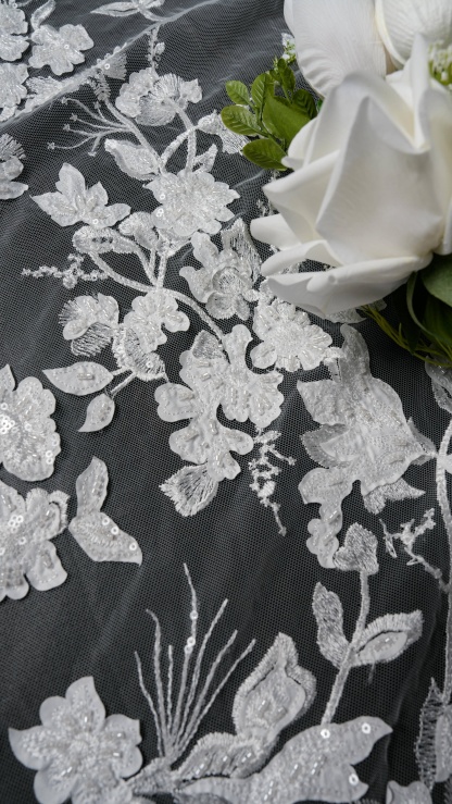 Sita Lace, sitalace, Lace Fabric, Feature Fabric, Tulle Fabric, Beaded Fabric, Sequined Fabric, Embroidery Fabric, Wedding Dress, Bridal Gown, Bridal Veil, Beads, Sequins, Feather Fabrics, Feather, 3D Flowers, Floral, Blossom Flowers, Flower Petal,