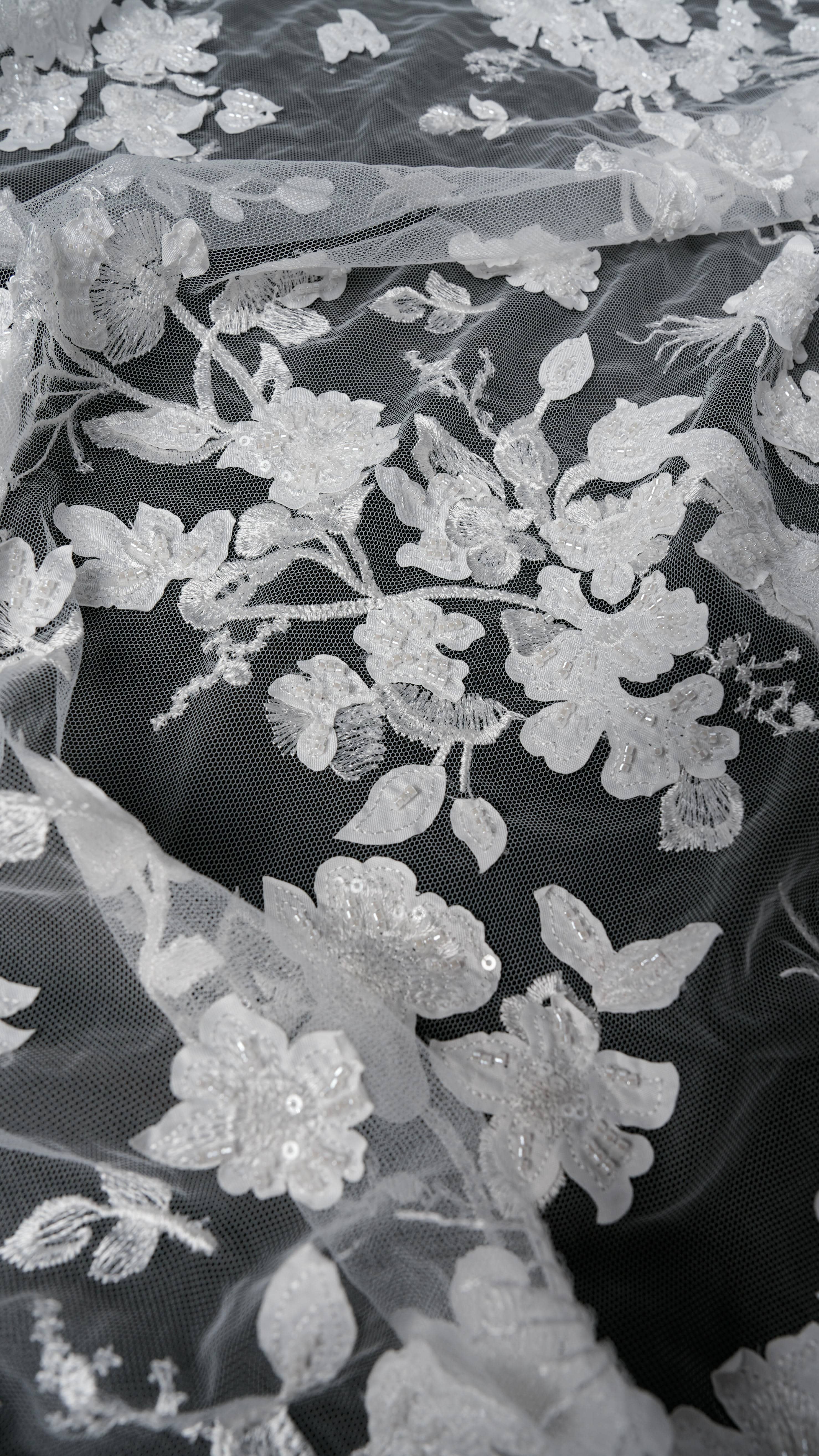 Sita Lace, sitalace, Lace Fabric, Feature Fabric, Tulle Fabric, Beaded Fabric, Sequined Fabric, Embroidery Fabric, Wedding Dress, Bridal Gown, Bridal Veil, Beads, Sequins, Feather Fabrics, Feather, 3D Flowers, Floral, Blossom Flowers, Flower Petal,