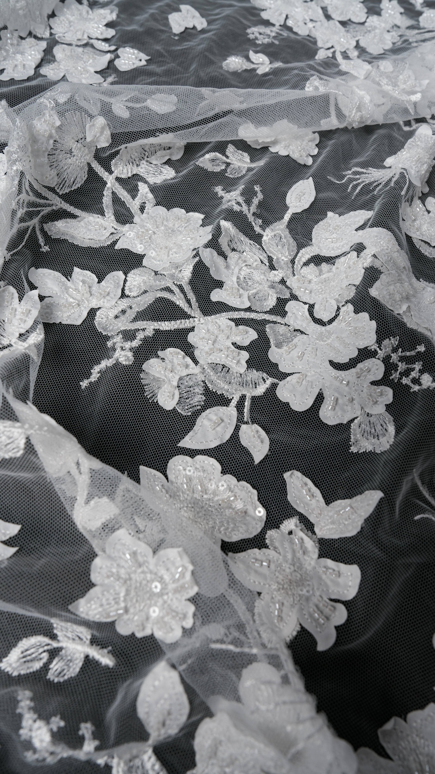 Sita Lace, sitalace, Lace Fabric, Feature Fabric, Tulle Fabric, Beaded Fabric, Sequined Fabric, Embroidery Fabric, Wedding Dress, Bridal Gown, Bridal Veil, Beads, Sequins, Feather Fabrics, Feather, 3D Flowers, Floral, Blossom Flowers, Flower Petal,