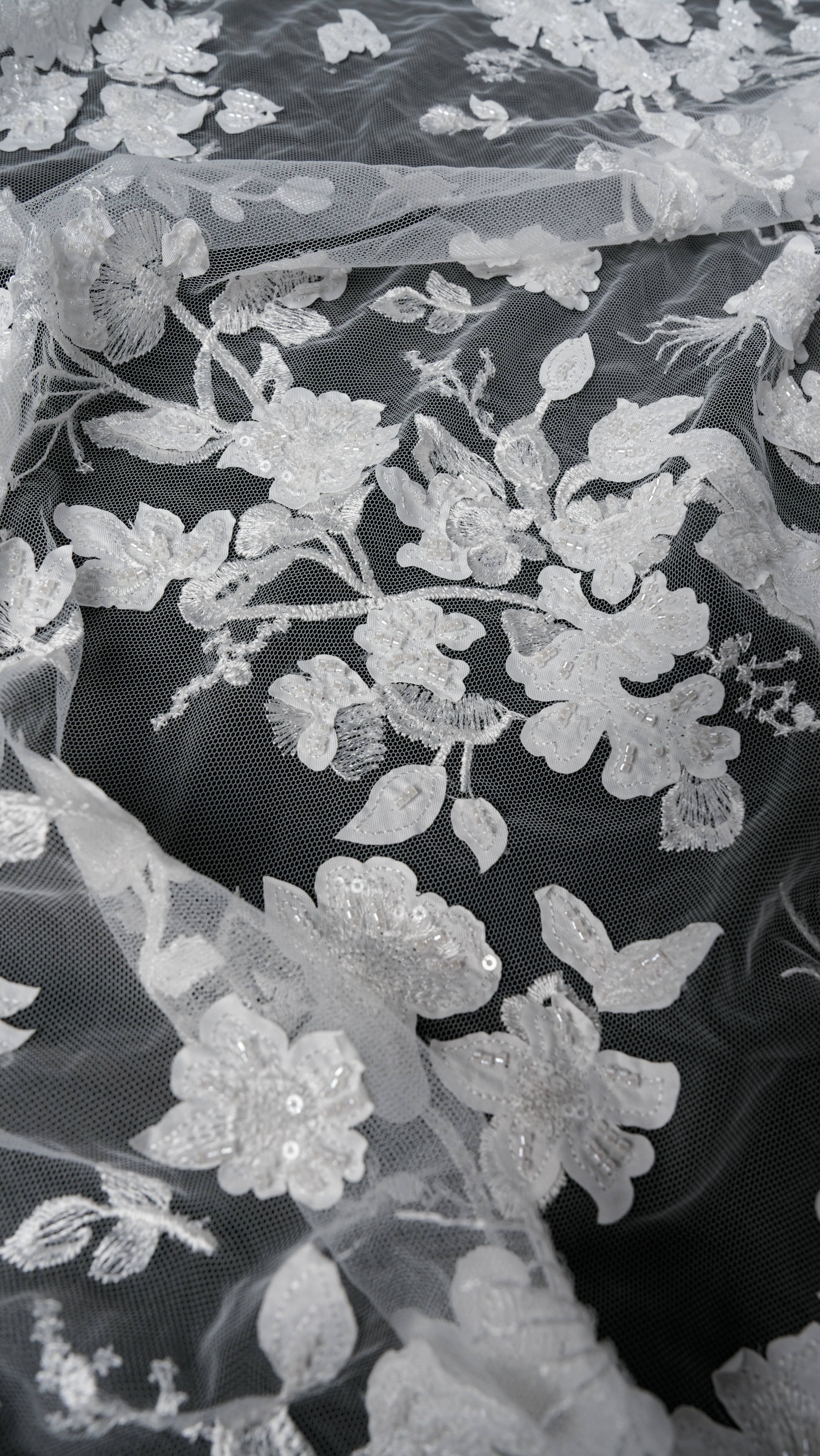 Sita Lace, sitalace, Lace Fabric, Feature Fabric, Tulle Fabric, Beaded Fabric, Sequined Fabric, Embroidery Fabric, Wedding Dress, Bridal Gown, Bridal Veil, Beads, Sequins, Feather Fabrics, Feather, 3D Flowers, Floral, Blossom Flowers, Flower Petal,