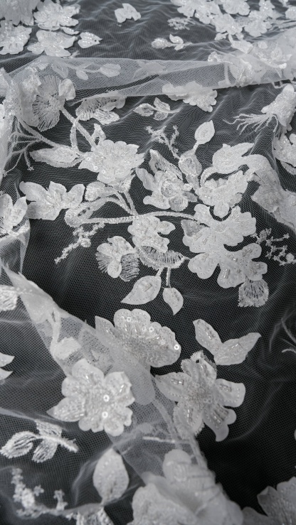 Sita Lace, sitalace, Lace Fabric, Feature Fabric, Tulle Fabric, Beaded Fabric, Sequined Fabric, Embroidery Fabric, Wedding Dress, Bridal Gown, Bridal Veil, Beads, Sequins, Feather Fabrics, Feather, 3D Flowers, Floral, Blossom Flowers, Flower Petal,