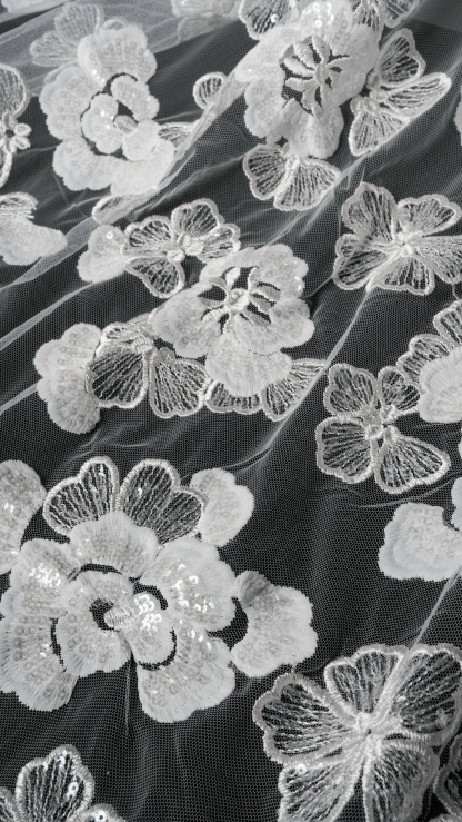 Sita Lace, sitalace, Lace Fabric, Feature Fabric, Tulle Fabric, Beaded Fabric, Sequined Fabric, Embroidery Fabric, Wedding Dress, Bridal Gown, Bridal Veil, Beads, Sequins, Feather Fabrics, Feather, 3D Flowers, Floral, Blossom Flowers, Flower Petal,