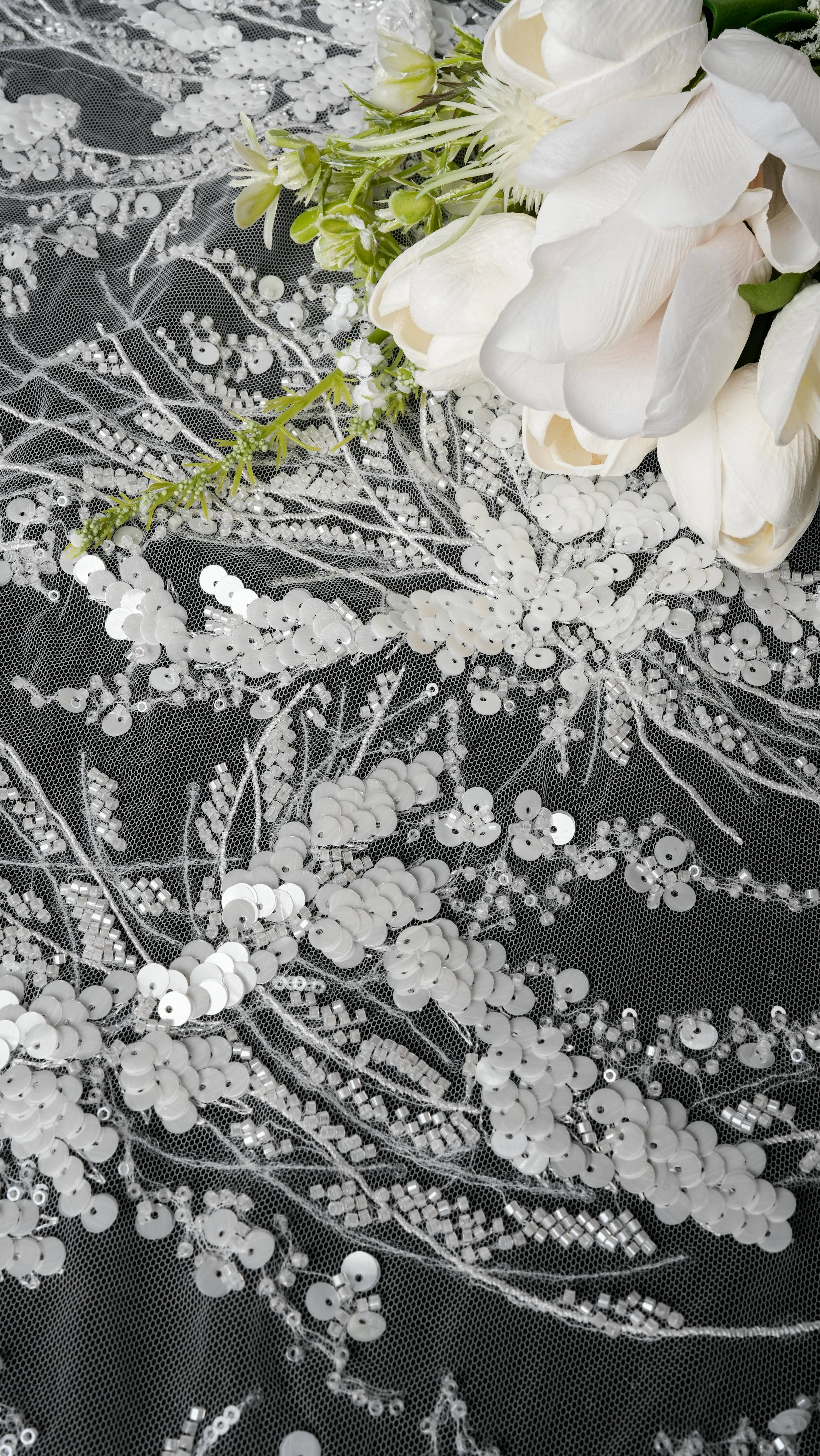 Sita Lace, sitalace, Lace Fabric, Feature Fabric, Tulle Fabric, Beaded Fabric, Sequined Fabric, Embroidery Fabric, Wedding Dress, Bridal Gown, Bridal Veil, Beads, Sequins, Feather Fabrics, Feather, 3D Flowers, Floral, Blossom Flowers, Flower Petal,