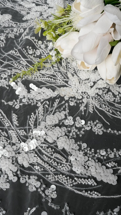 Sita Lace, sitalace, Lace Fabric, Feature Fabric, Tulle Fabric, Beaded Fabric, Sequined Fabric, Embroidery Fabric, Wedding Dress, Bridal Gown, Bridal Veil, Beads, Sequins, Feather Fabrics, Feather, 3D Flowers, Floral, Blossom Flowers, Flower Petal,