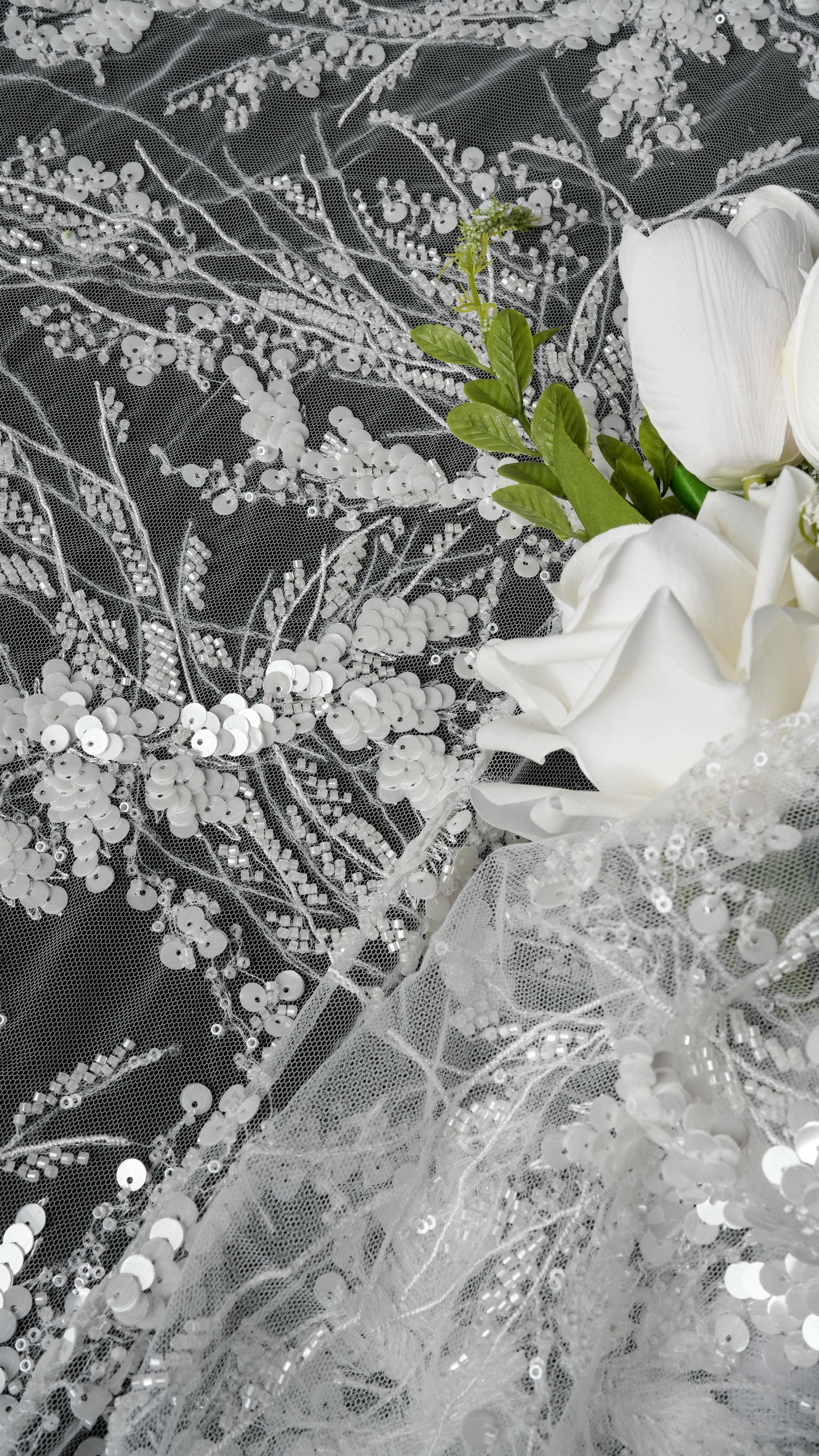 Sita Lace, sitalace, Lace Fabric, Feature Fabric, Tulle Fabric, Beaded Fabric, Sequined Fabric, Embroidery Fabric, Wedding Dress, Bridal Gown, Bridal Veil, Beads, Sequins, Feather Fabrics, Feather, 3D Flowers, Floral, Blossom Flowers, Flower Petal,