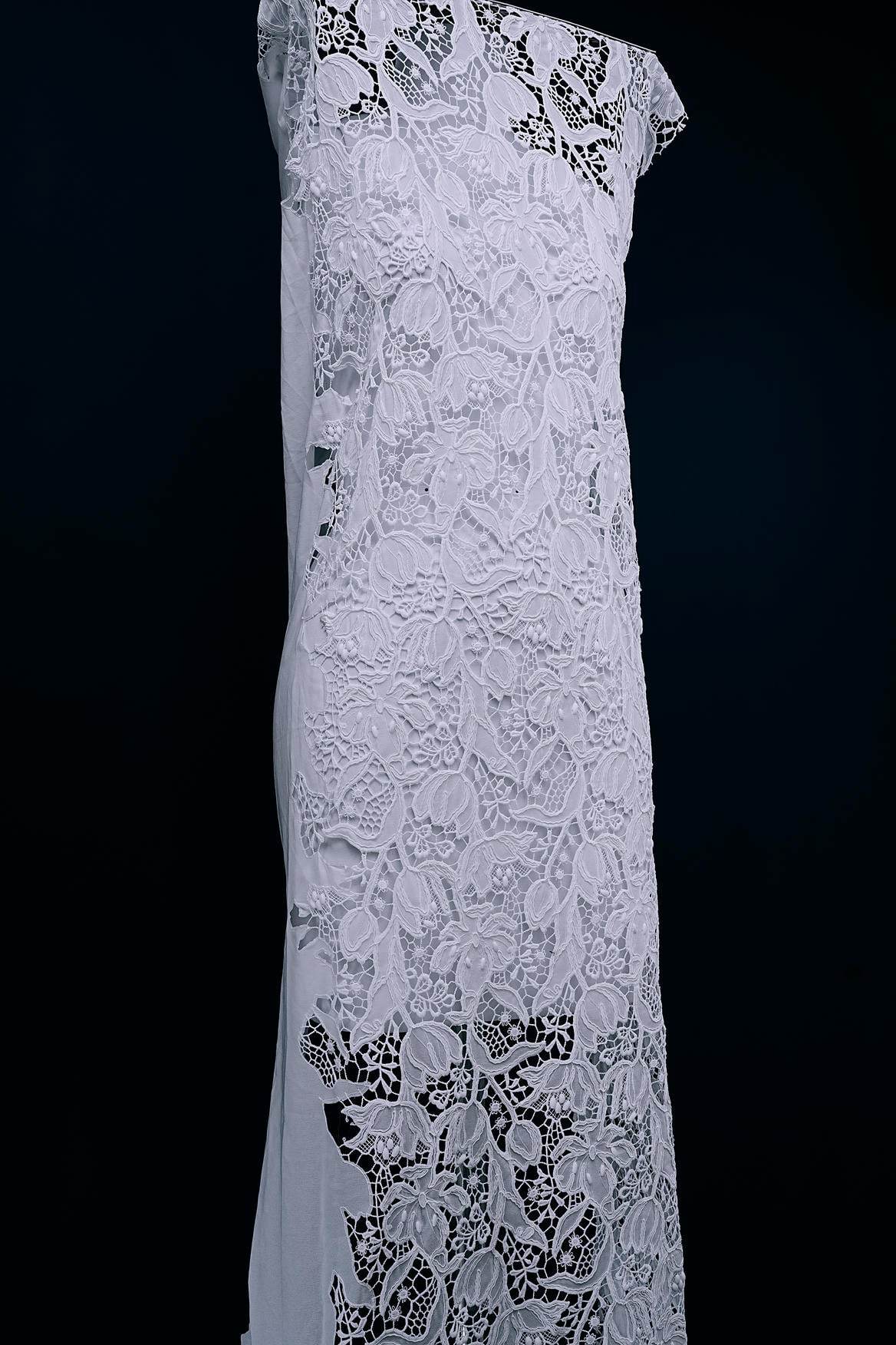 Off White Embroidery Mesh Floral Fabtic Wedding Bridal Evening Dress Costume