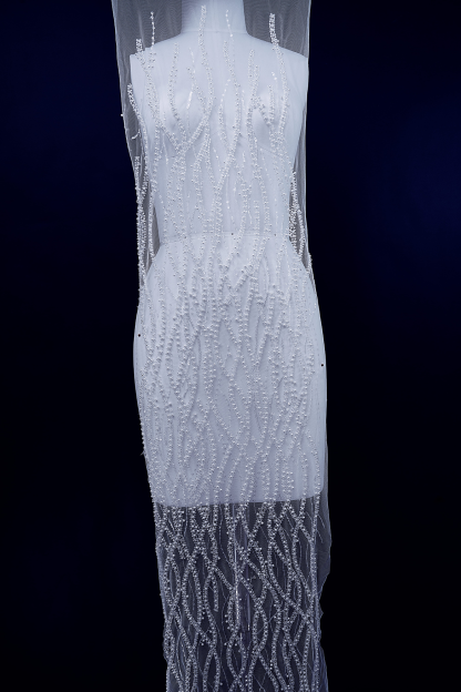 Heavy Bead Lace Fabric, Tulle Mesh White Pearls Sequins, Embroidery Lace Fabric