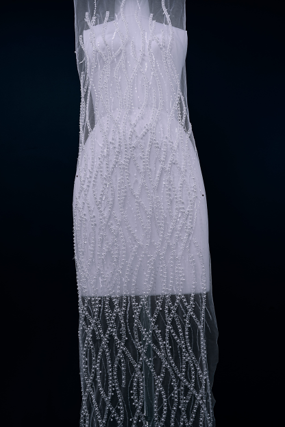 Heavy Bead Lace Fabric, Tulle Mesh White Pearls Sequins, Embroidery Lace Fabric