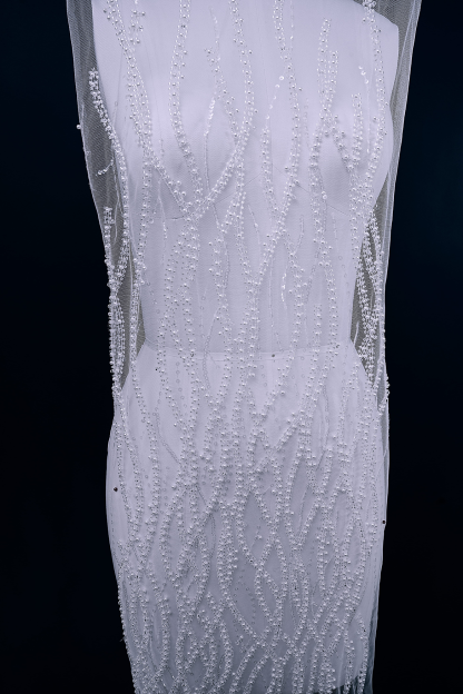 Heavy Bead Lace Fabric, Tulle Mesh White Pearls Sequins, Embroidery Lace Fabric