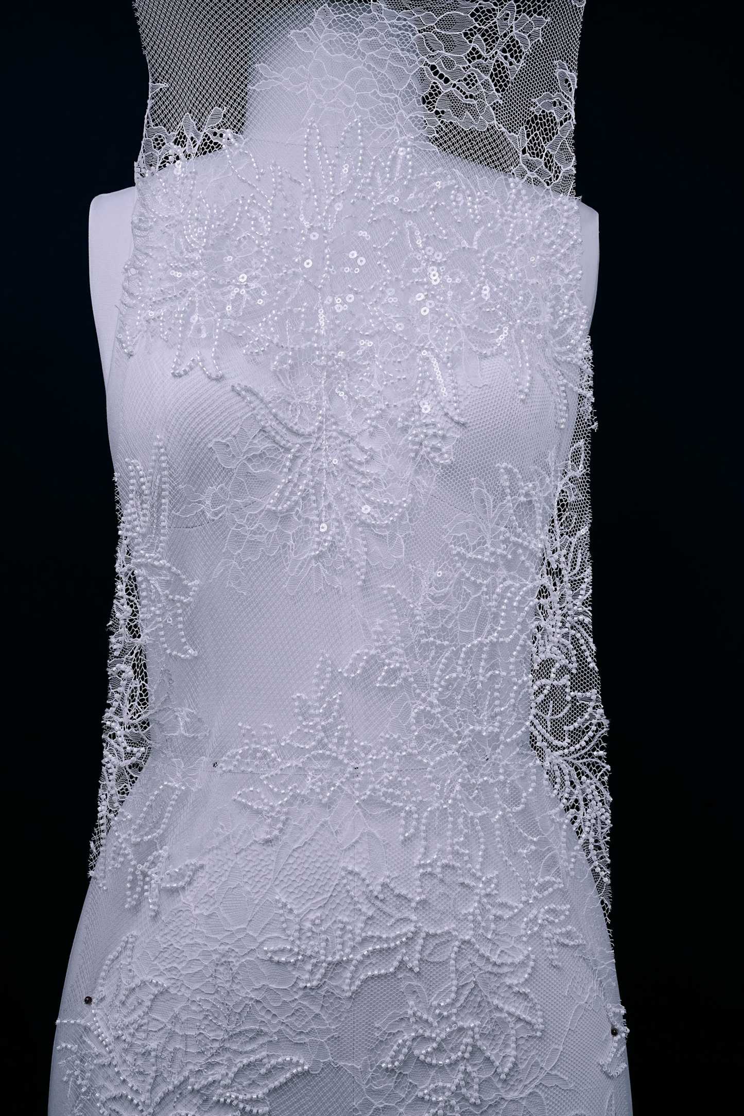 Beaded Floral Lace Fabric White Pearls Sequins Tulle Mesh Fabric Exquisite Embroidery Floral Pattern Wedding Dress