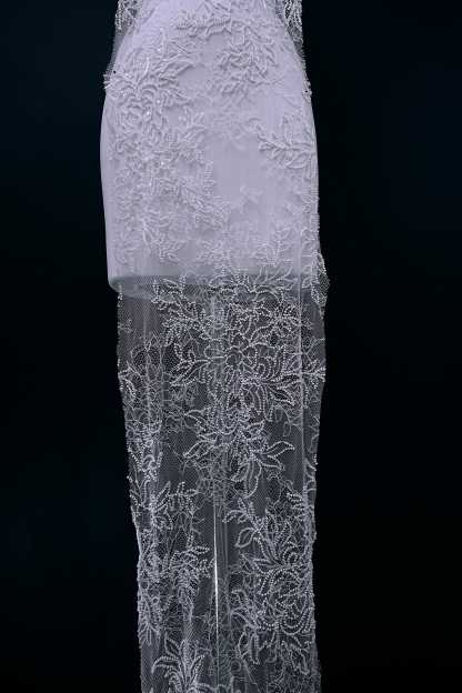 Beaded Floral Lace Fabric White Pearls Sequins Tulle Mesh Fabric Exquisite Embroidery Floral Pattern Wedding Dress