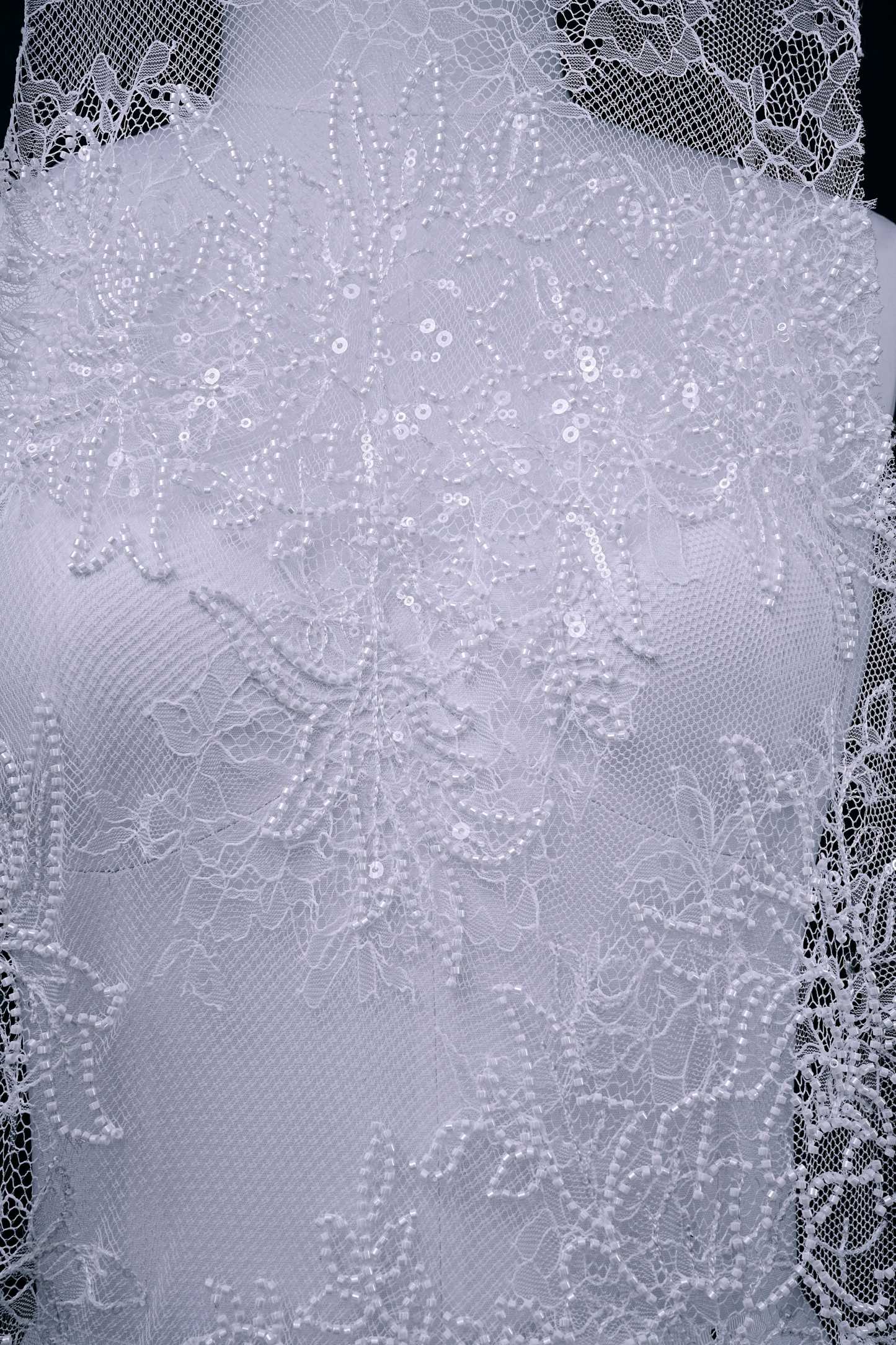 Beaded Floral Lace Fabric White Pearls Sequins Tulle Mesh Fabric Exquisite Embroidery Floral Pattern Wedding Dress