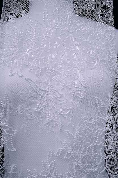Beaded Floral Lace Fabric White Pearls Sequins Tulle Mesh Fabric Exquisite Embroidery Floral Pattern Wedding Dress