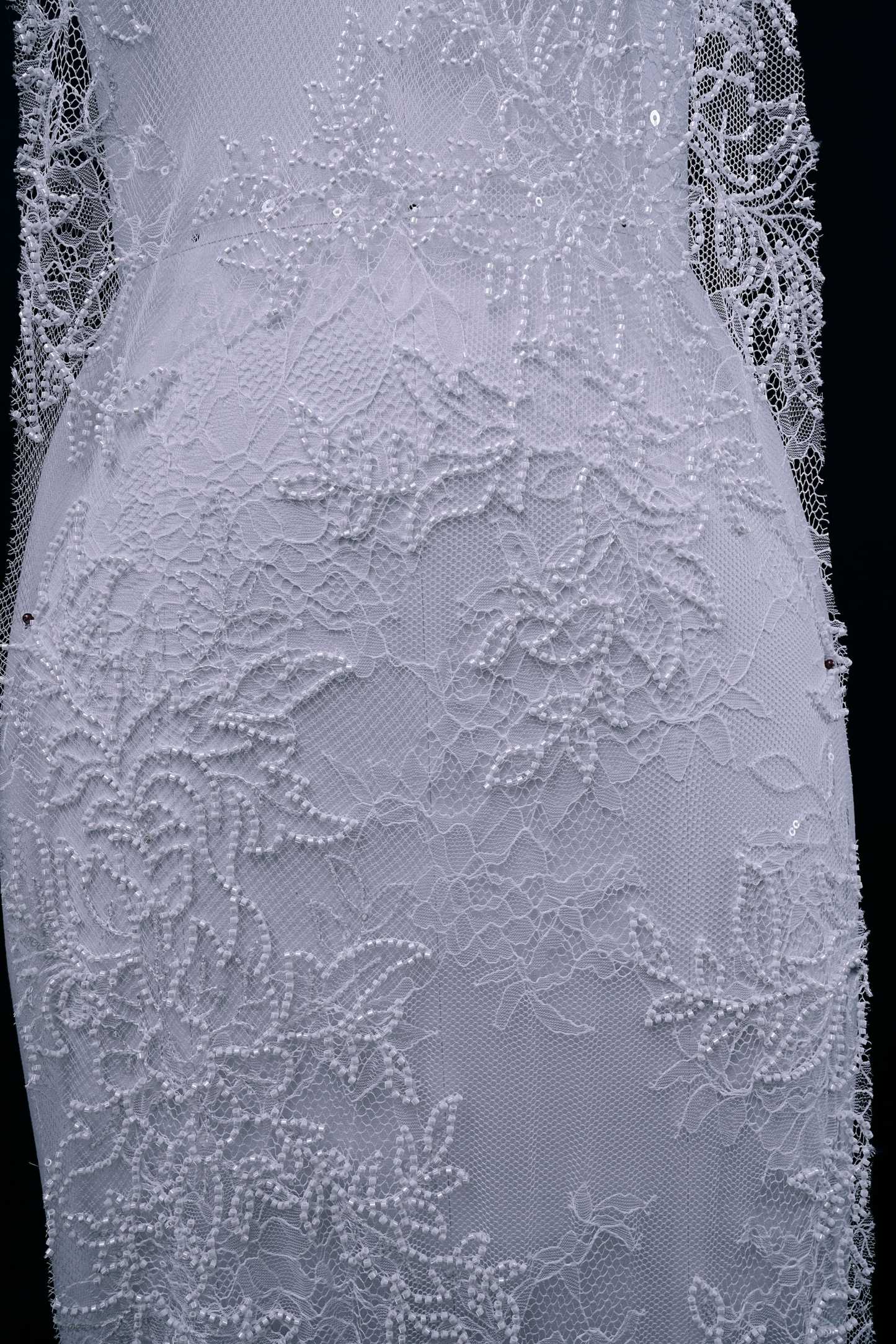 Beaded Floral Lace Fabric White Pearls Sequins Tulle Mesh Fabric Exquisite Embroidery Floral Pattern Wedding Dress