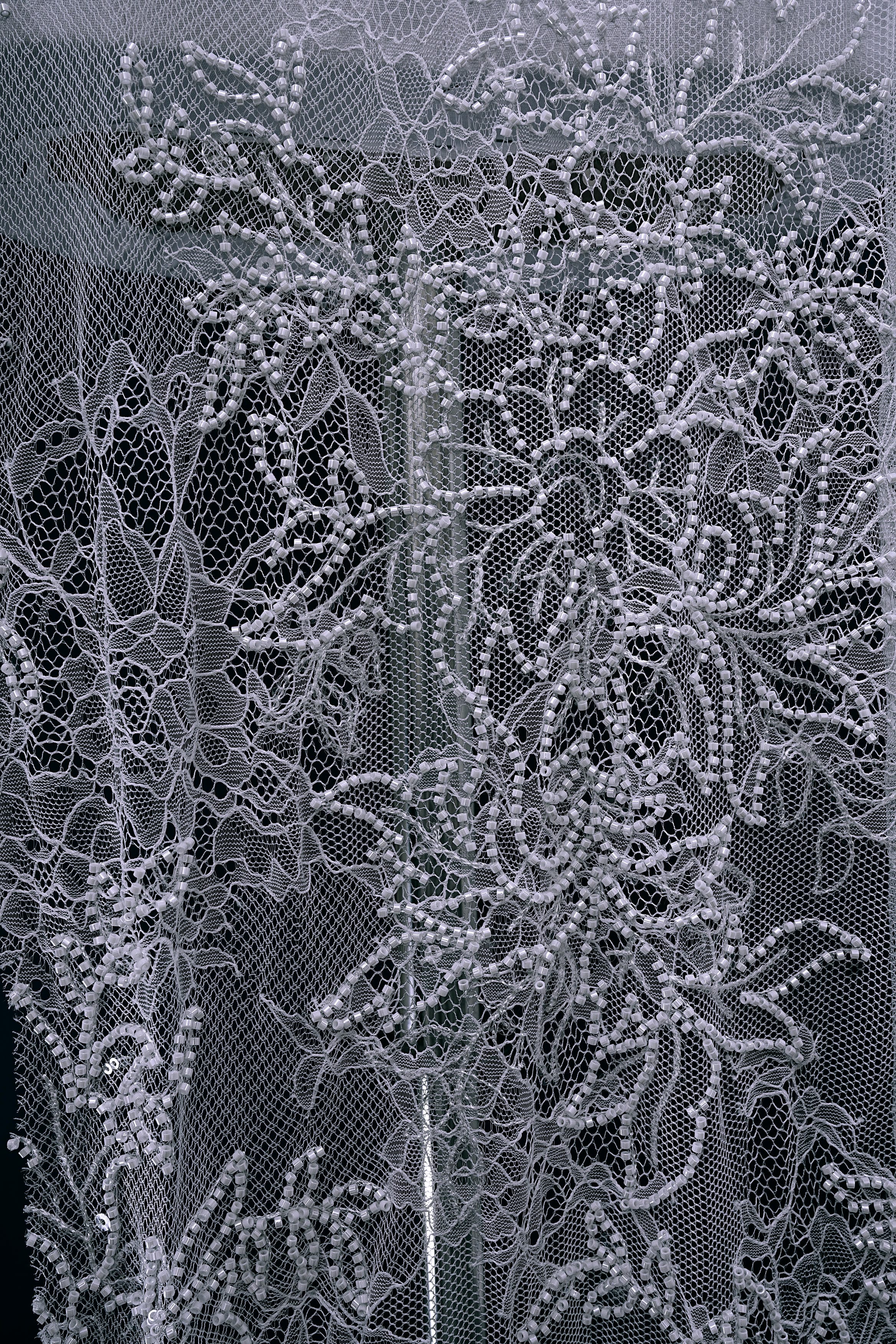 Beaded Floral Lace Fabric White Pearls Sequins Tulle Mesh Fabric Exquisite Embroidery Floral Pattern Wedding Dress