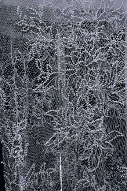 Beaded Floral Lace Fabric White Pearls Sequins Tulle Mesh Fabric Exquisite Embroidery Floral Pattern Wedding Dress