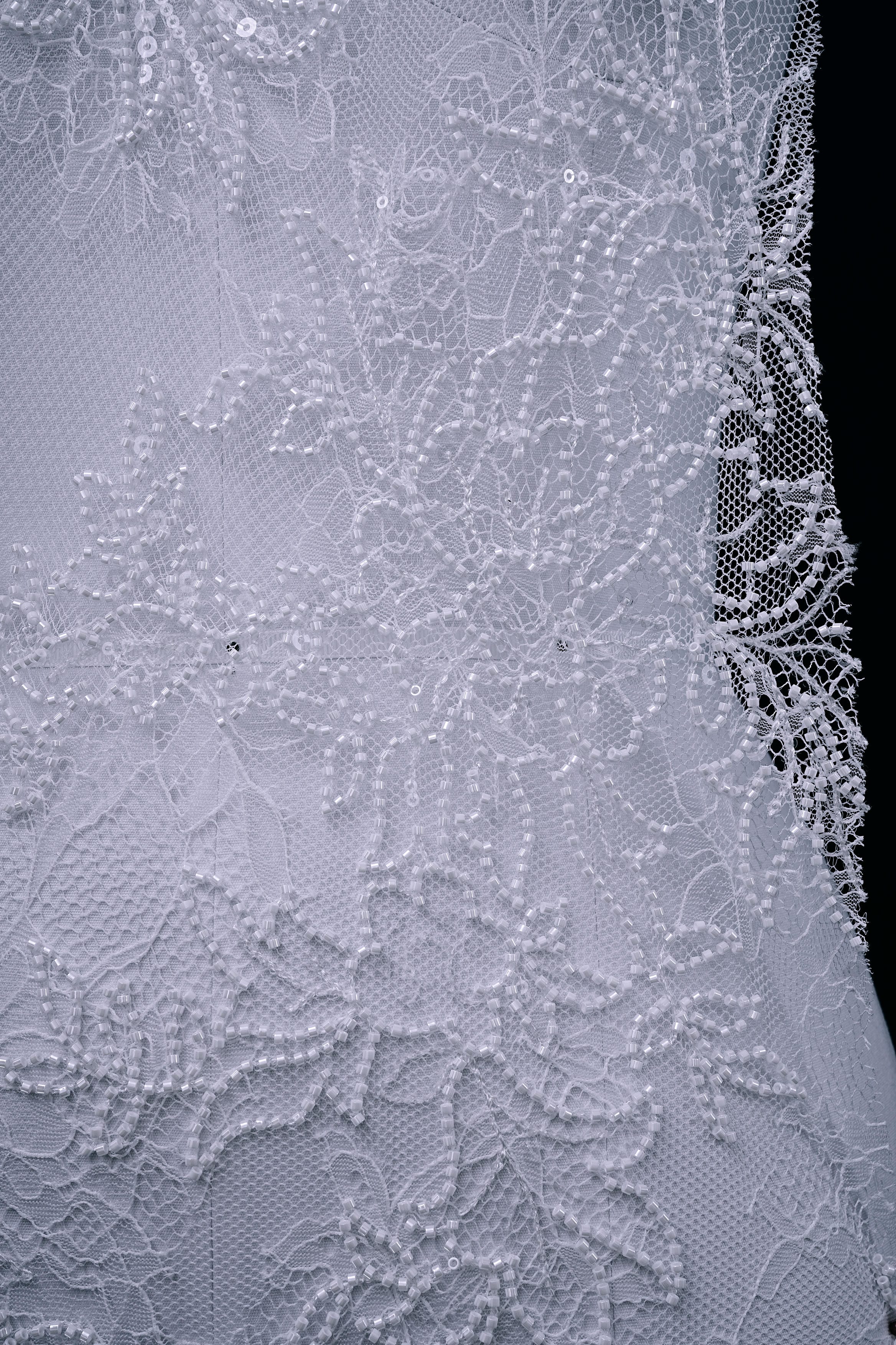 Beaded Floral Lace Fabric White Pearls Sequins Tulle Mesh Fabric Exquisite Embroidery Floral Pattern Wedding Dress