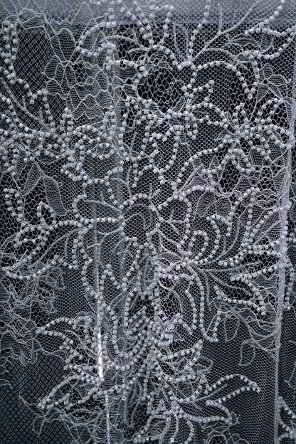 Beaded Floral Lace Fabric White Pearls Sequins Tulle Mesh Fabric Exquisite Embroidery Floral Pattern Wedding Dress