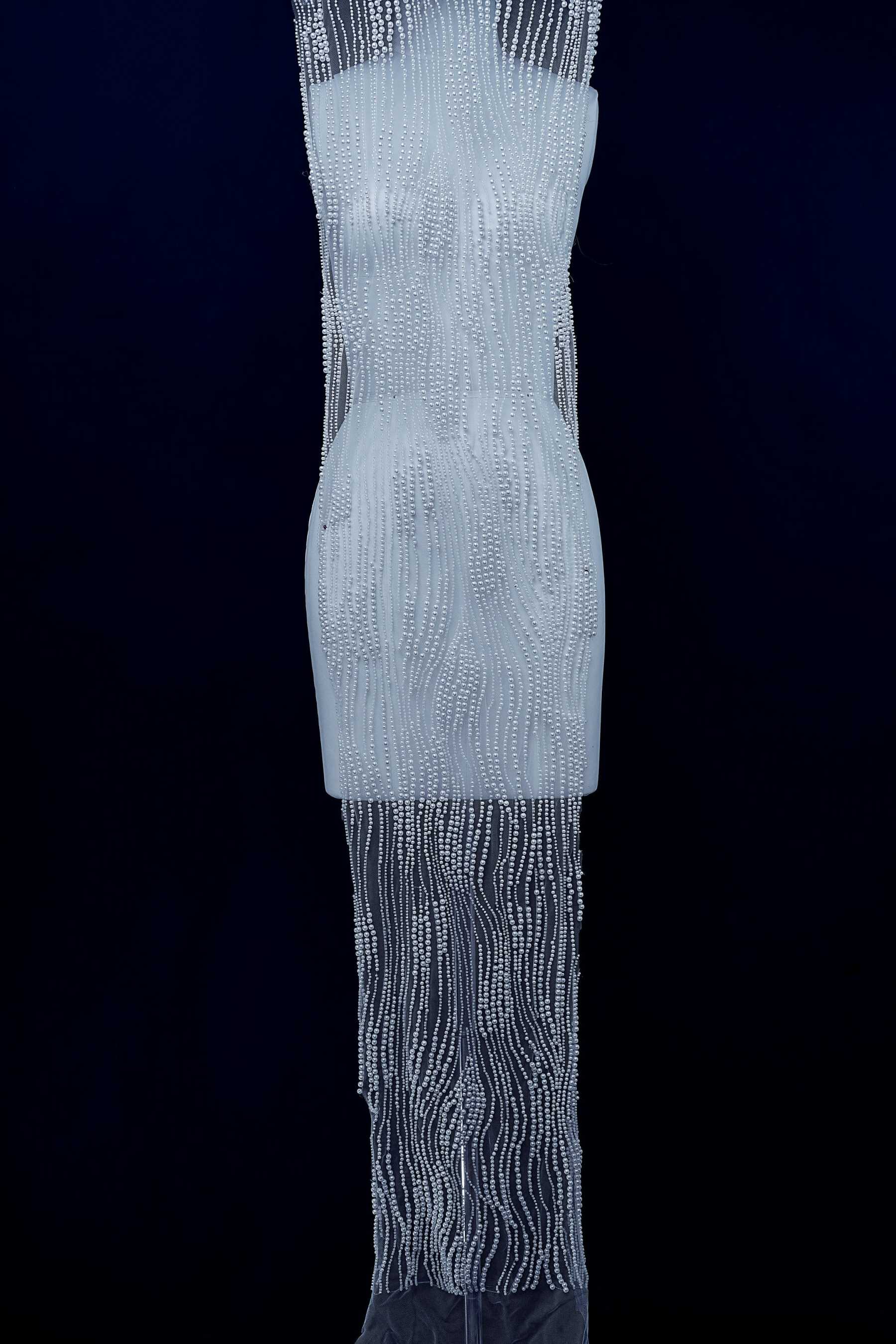 Heavy Sparkling Beaded Lace Fabric White Pearls Tulle Fabric Crystal Bead Fabric Wedding Dress