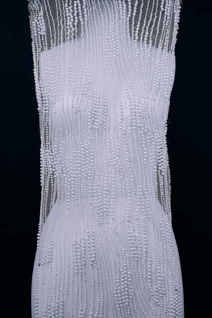 Heavy Sparkling Beaded Lace Fabric White Pearls Tulle Fabric Crystal Bead Fabric Wedding Dress