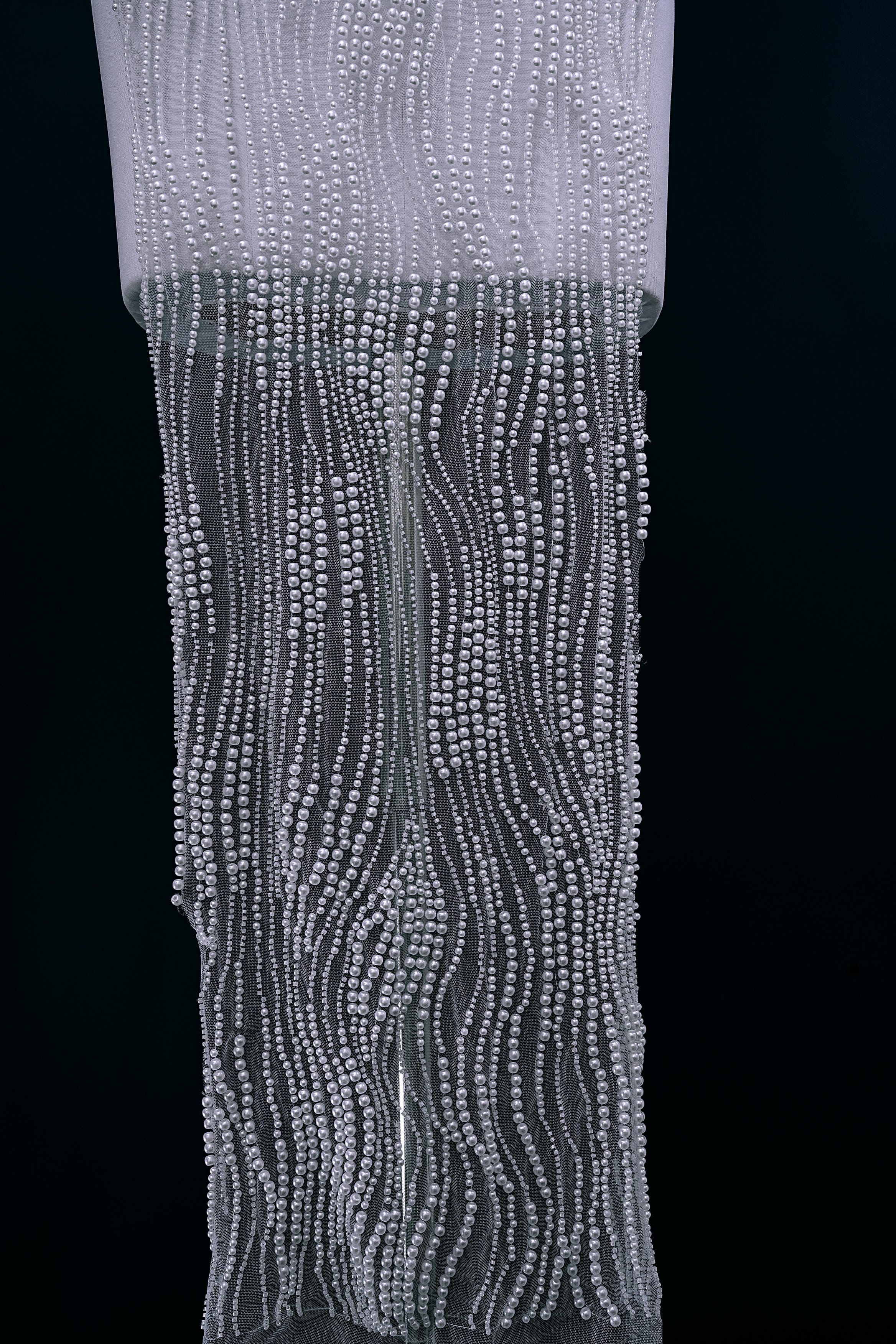 Heavy Sparkling Beaded Lace Fabric White Pearls Tulle Fabric Crystal Bead Fabric Wedding Dress