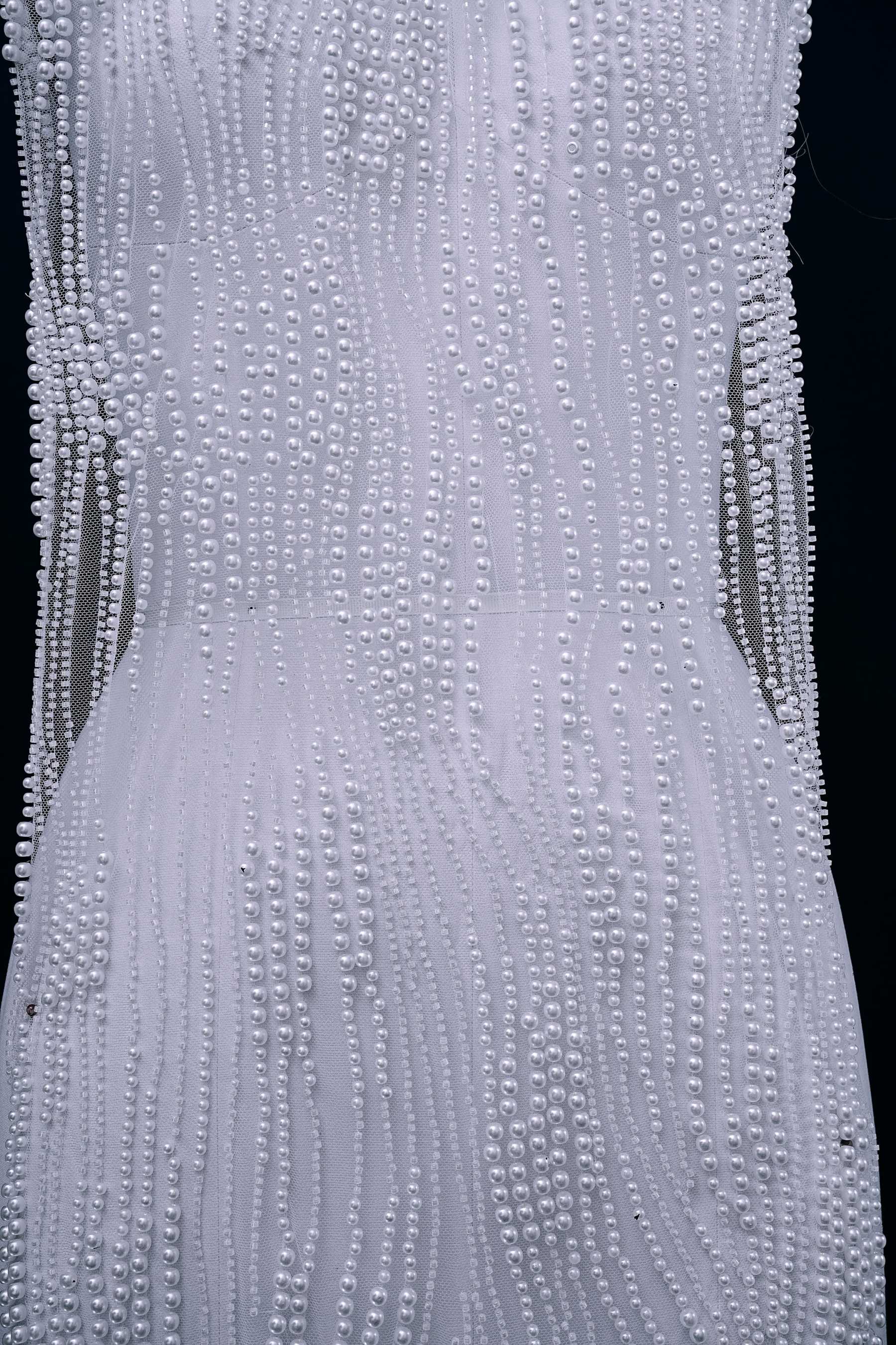 Heavy Sparkling Beaded Lace Fabric White Pearls Tulle Fabric Crystal Bead Fabric Wedding Dress