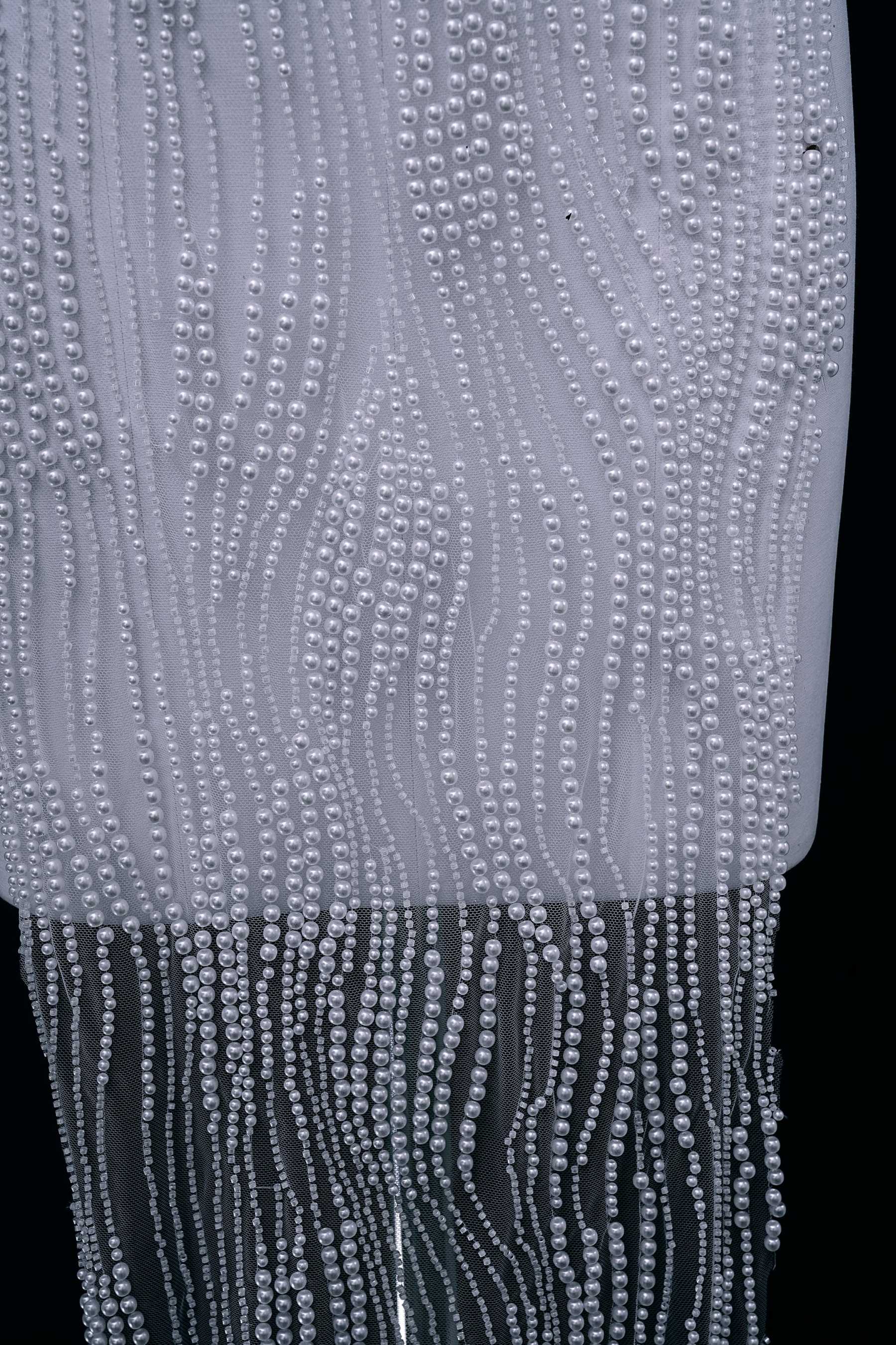 Heavy Sparkling Beaded Lace Fabric White Pearls Tulle Fabric Crystal Bead Fabric Wedding Dress