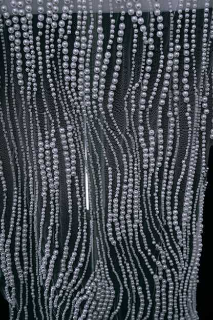 Heavy Sparkling Beaded Lace Fabric White Pearls Tulle Fabric Crystal Bead Fabric Wedding Dress