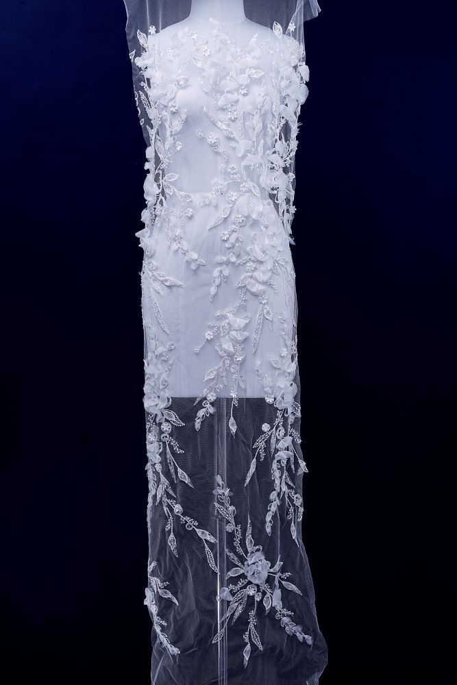 Sita Lace, sitalace, Lace Fabric, Feature Fabric, Tulle Fabric, Beaded Fabric, Sequined Fabric, Embroidery Fabric, Wedding Dress, Bridal Gown, Bridal Veil, Beads, Sequins, Feather Fabrics, Feather, 3D Flowers, Floral, Blossom Flowers, Floral Petal, Embroidered Leaves