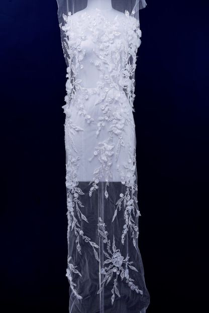 Sita Lace, sitalace, Lace Fabric, Feature Fabric, Tulle Fabric, Beaded Fabric, Sequined Fabric, Embroidery Fabric, Wedding Dress, Bridal Gown, Bridal Veil, Beads, Sequins, Feather Fabrics, Feather, 3D Flowers, Floral, Blossom Flowers, Floral Petal, Embroidered Leaves