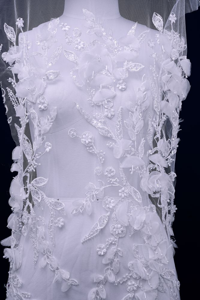 Sita Lace, sitalace, Lace Fabric, Feature Fabric, Tulle Fabric, Beaded Fabric, Sequined Fabric, Embroidery Fabric, Wedding Dress, Bridal Gown, Bridal Veil, Beads, Sequins, Feather Fabrics, Feather, 3D Flowers, Floral, Blossom Flowers, Floral Petal, Embroidered Leaves