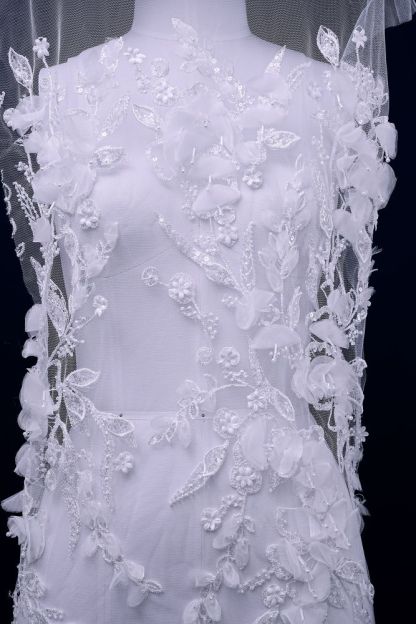 Sita Lace, sitalace, Lace Fabric, Feature Fabric, Tulle Fabric, Beaded Fabric, Sequined Fabric, Embroidery Fabric, Wedding Dress, Bridal Gown, Bridal Veil, Beads, Sequins, Feather Fabrics, Feather, 3D Flowers, Floral, Blossom Flowers, Floral Petal, Embroidered Leaves