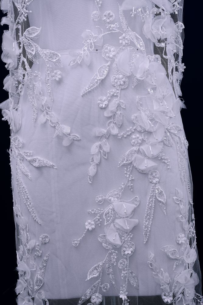 Sita Lace, sitalace, Lace Fabric, Feature Fabric, Tulle Fabric, Beaded Fabric, Sequined Fabric, Embroidery Fabric, Wedding Dress, Bridal Gown, Bridal Veil, Beads, Sequins, Feather Fabrics, Feather, 3D Flowers, Floral, Blossom Flowers, Floral Petal, Embroidered Leaves