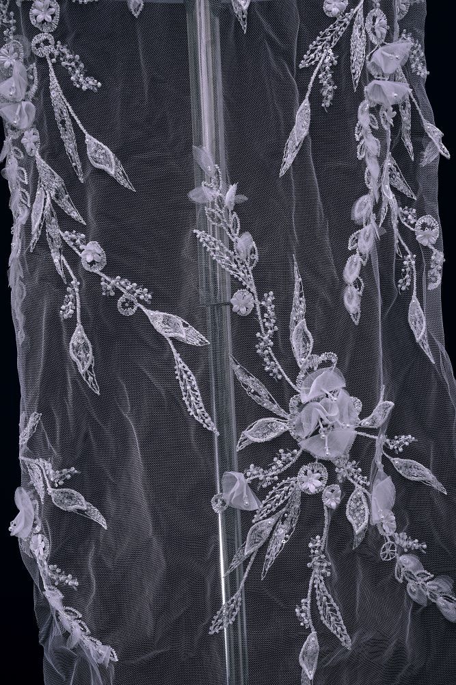 Sita Lace, sitalace, Lace Fabric, Feature Fabric, Tulle Fabric, Beaded Fabric, Sequined Fabric, Embroidery Fabric, Wedding Dress, Bridal Gown, Bridal Veil, Beads, Sequins, Feather Fabrics, Feather, 3D Flowers, Floral, Blossom Flowers, Floral Petal, Embroidered Leaves