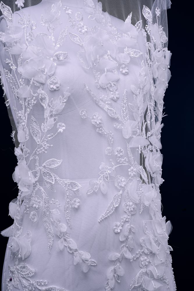 Sita Lace, sitalace, Lace Fabric, Feature Fabric, Tulle Fabric, Beaded Fabric, Sequined Fabric, Embroidery Fabric, Wedding Dress, Bridal Gown, Bridal Veil, Beads, Sequins, Feather Fabrics, Feather, 3D Flowers, Floral, Blossom Flowers, Floral Petal, Embroidered Leaves