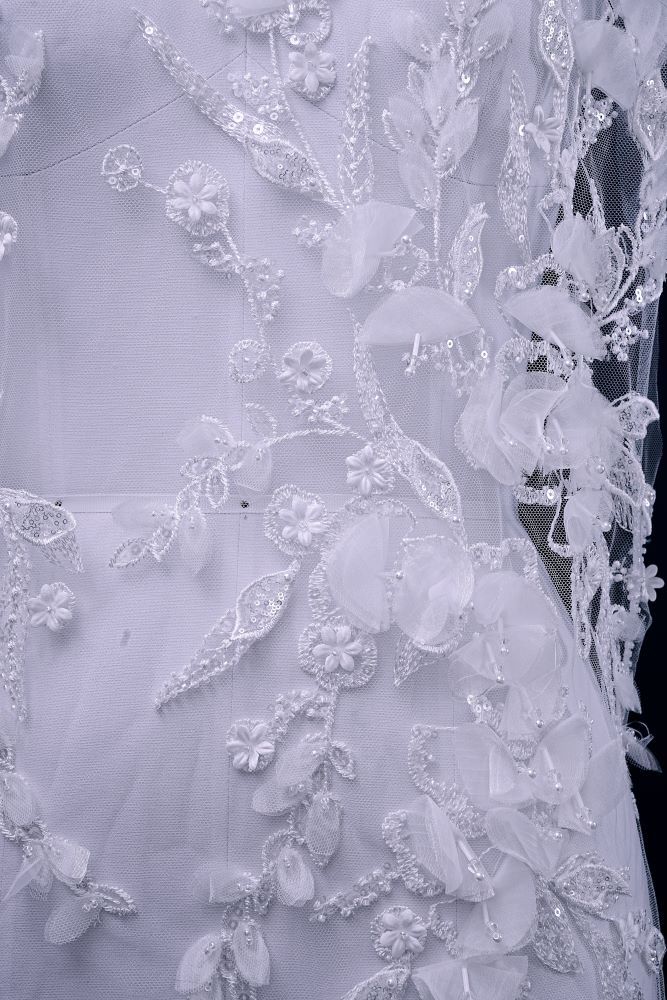 Sita Lace, sitalace, Lace Fabric, Feature Fabric, Tulle Fabric, Beaded Fabric, Sequined Fabric, Embroidery Fabric, Wedding Dress, Bridal Gown, Bridal Veil, Beads, Sequins, Feather Fabrics, Feather, 3D Flowers, Floral, Blossom Flowers, Floral Petal, Embroidered Leaves