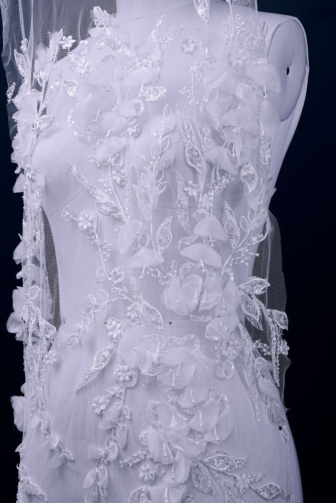 Sita Lace, sitalace, Lace Fabric, Feature Fabric, Tulle Fabric, Beaded Fabric, Sequined Fabric, Embroidery Fabric, Wedding Dress, Bridal Gown, Bridal Veil, Beads, Sequins, Feather Fabrics, Feather, 3D Flowers, Floral, Blossom Flowers, Floral Petal, Embroidered Leaves