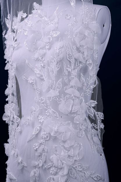 Sita Lace, sitalace, Lace Fabric, Feature Fabric, Tulle Fabric, Beaded Fabric, Sequined Fabric, Embroidery Fabric, Wedding Dress, Bridal Gown, Bridal Veil, Beads, Sequins, Feather Fabrics, Feather, 3D Flowers, Floral, Blossom Flowers, Floral Petal, Embroidered Leaves