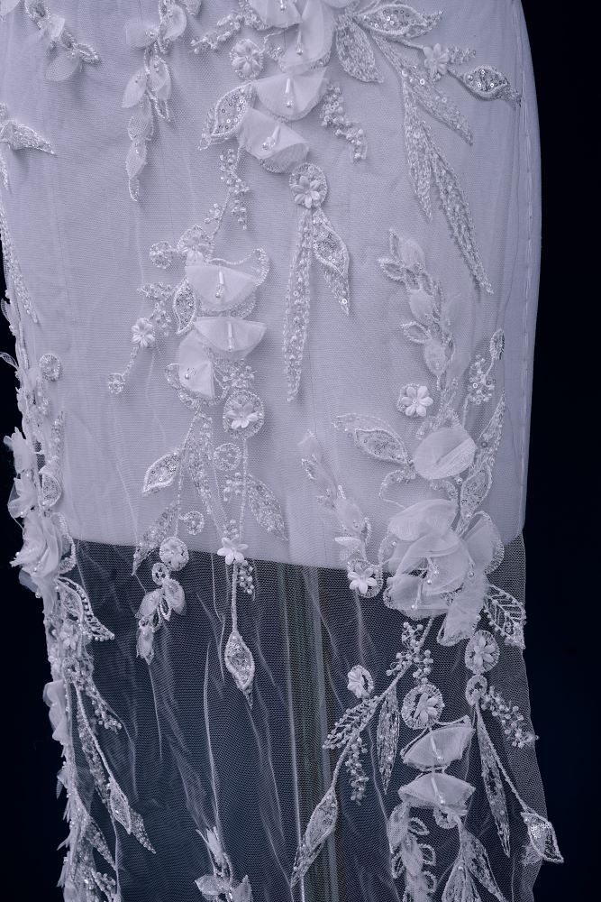 Sita Lace, sitalace, Lace Fabric, Feature Fabric, Tulle Fabric, Beaded Fabric, Sequined Fabric, Embroidery Fabric, Wedding Dress, Bridal Gown, Bridal Veil, Beads, Sequins, Feather Fabrics, Feather, 3D Flowers, Floral, Blossom Flowers, Floral Petal, Embroidered Leaves