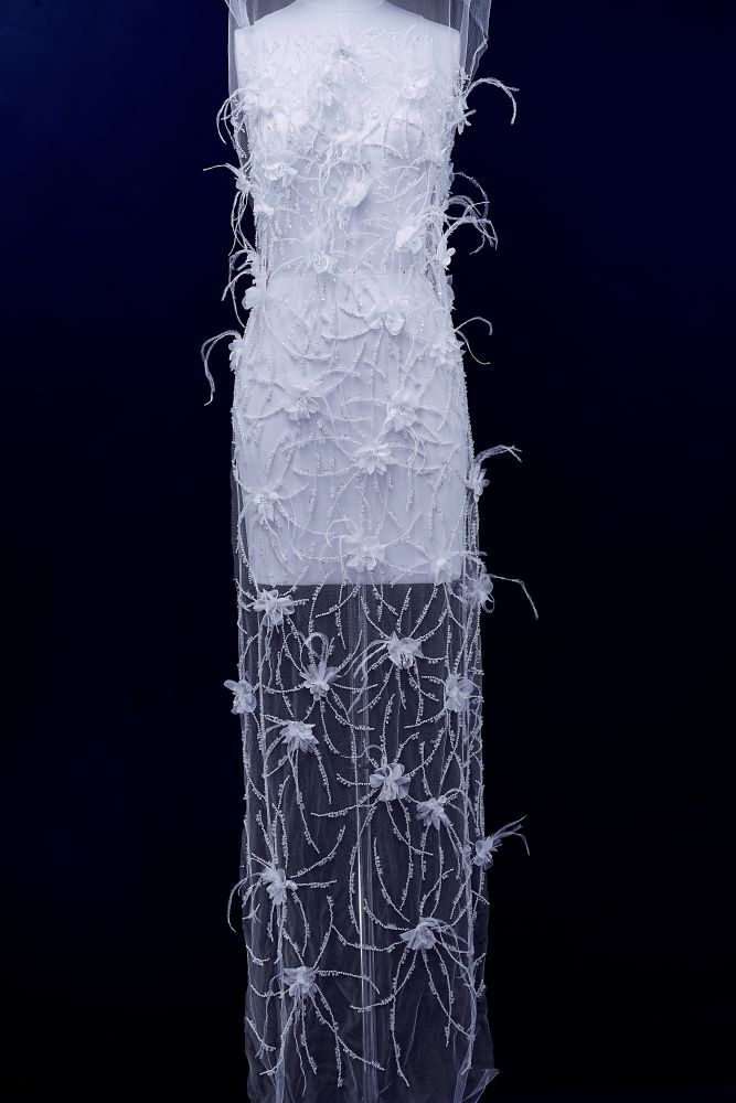 Sita Lace, sitalace, Lace Fabric, Feature Fabric, Tulle Fabric, Beaded Fabric, Sequined Fabric, Embroidery Fabric, Wedding Dress, Bridal Gown, Bridal Veil, Beads, Sequins, Feather Fabrics, Feather, 3D Flowers, Floral, Blossom Flowers, Floral Petal, Embroidered Leaves