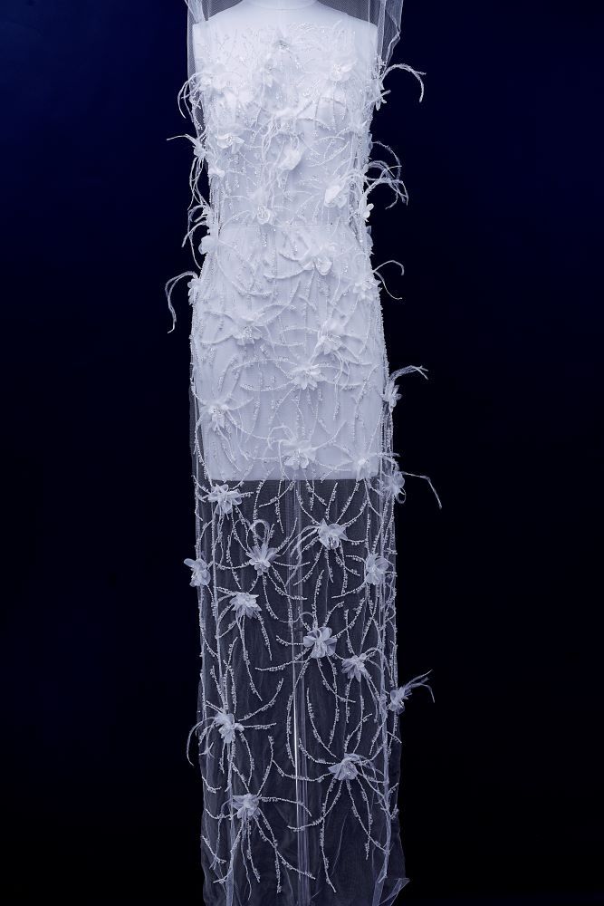 Sita Lace, sitalace, Lace Fabric, Feature Fabric, Tulle Fabric, Beaded Fabric, Sequined Fabric, Embroidery Fabric, Wedding Dress, Bridal Gown, Bridal Veil, Beads, Sequins, Feather Fabrics, Feather, 3D Flowers, Floral, Blossom Flowers, Floral Petal, Embroidered Leaves