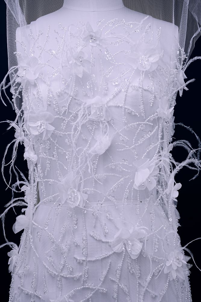 Sita Lace, sitalace, Lace Fabric, Feature Fabric, Tulle Fabric, Beaded Fabric, Sequined Fabric, Embroidery Fabric, Wedding Dress, Bridal Gown, Bridal Veil, Beads, Sequins, Feather Fabrics, Feather, 3D Flowers, Floral, Blossom Flowers, Floral Petal, Embroidered Leaves