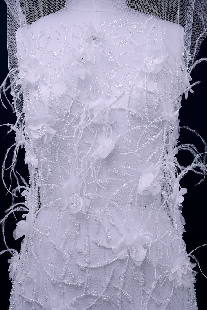 Sita Lace, sitalace, Lace Fabric, Feature Fabric, Tulle Fabric, Beaded Fabric, Sequined Fabric, Embroidery Fabric, Wedding Dress, Bridal Gown, Bridal Veil, Beads, Sequins, Feather Fabrics, Feather, 3D Flowers, Floral, Blossom Flowers, Floral Petal, Embroidered Leaves