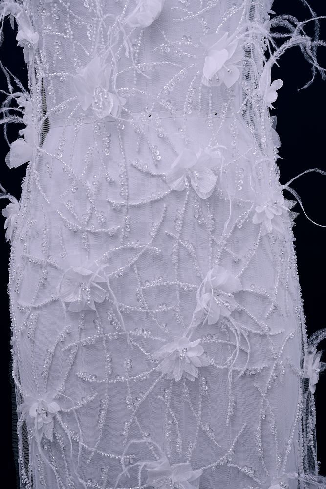 Sita Lace, sitalace, Lace Fabric, Feature Fabric, Tulle Fabric, Beaded Fabric, Sequined Fabric, Embroidery Fabric, Wedding Dress, Bridal Gown, Bridal Veil, Beads, Sequins, Feather Fabrics, Feather, 3D Flowers, Floral, Blossom Flowers, Floral Petal, Embroidered Leaves