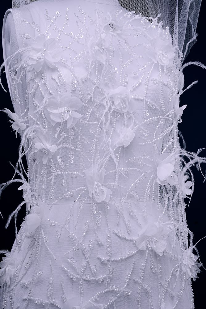 Sita Lace, sitalace, Lace Fabric, Feature Fabric, Tulle Fabric, Beaded Fabric, Sequined Fabric, Embroidery Fabric, Wedding Dress, Bridal Gown, Bridal Veil, Beads, Sequins, Feather Fabrics, Feather, 3D Flowers, Floral, Blossom Flowers, Floral Petal, Embroidered Leaves