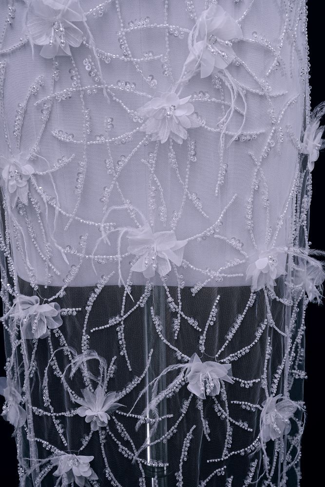 Sita Lace, sitalace, Lace Fabric, Feature Fabric, Tulle Fabric, Beaded Fabric, Sequined Fabric, Embroidery Fabric, Wedding Dress, Bridal Gown, Bridal Veil, Beads, Sequins, Feather Fabrics, Feather, 3D Flowers, Floral, Blossom Flowers, Floral Petal, Embroidered Leaves