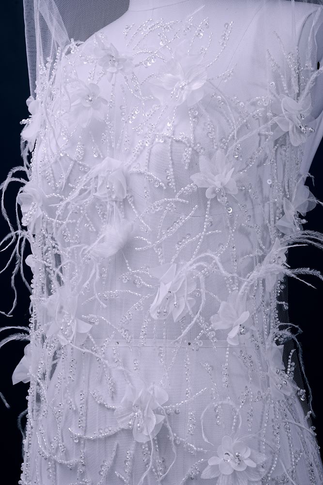 Sita Lace, sitalace, Lace Fabric, Feature Fabric, Tulle Fabric, Beaded Fabric, Sequined Fabric, Embroidery Fabric, Wedding Dress, Bridal Gown, Bridal Veil, Beads, Sequins, Feather Fabrics, Feather, 3D Flowers, Floral, Blossom Flowers, Floral Petal, Embroidered Leaves