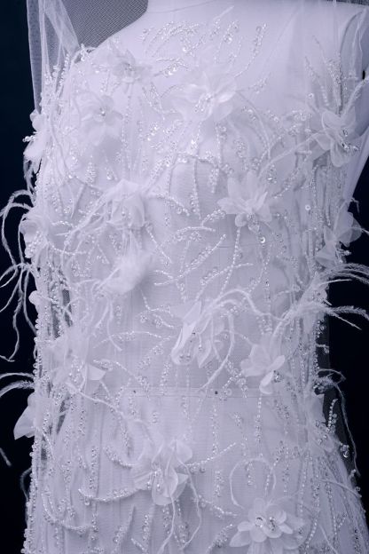 Sita Lace, sitalace, Lace Fabric, Feature Fabric, Tulle Fabric, Beaded Fabric, Sequined Fabric, Embroidery Fabric, Wedding Dress, Bridal Gown, Bridal Veil, Beads, Sequins, Feather Fabrics, Feather, 3D Flowers, Floral, Blossom Flowers, Floral Petal, Embroidered Leaves